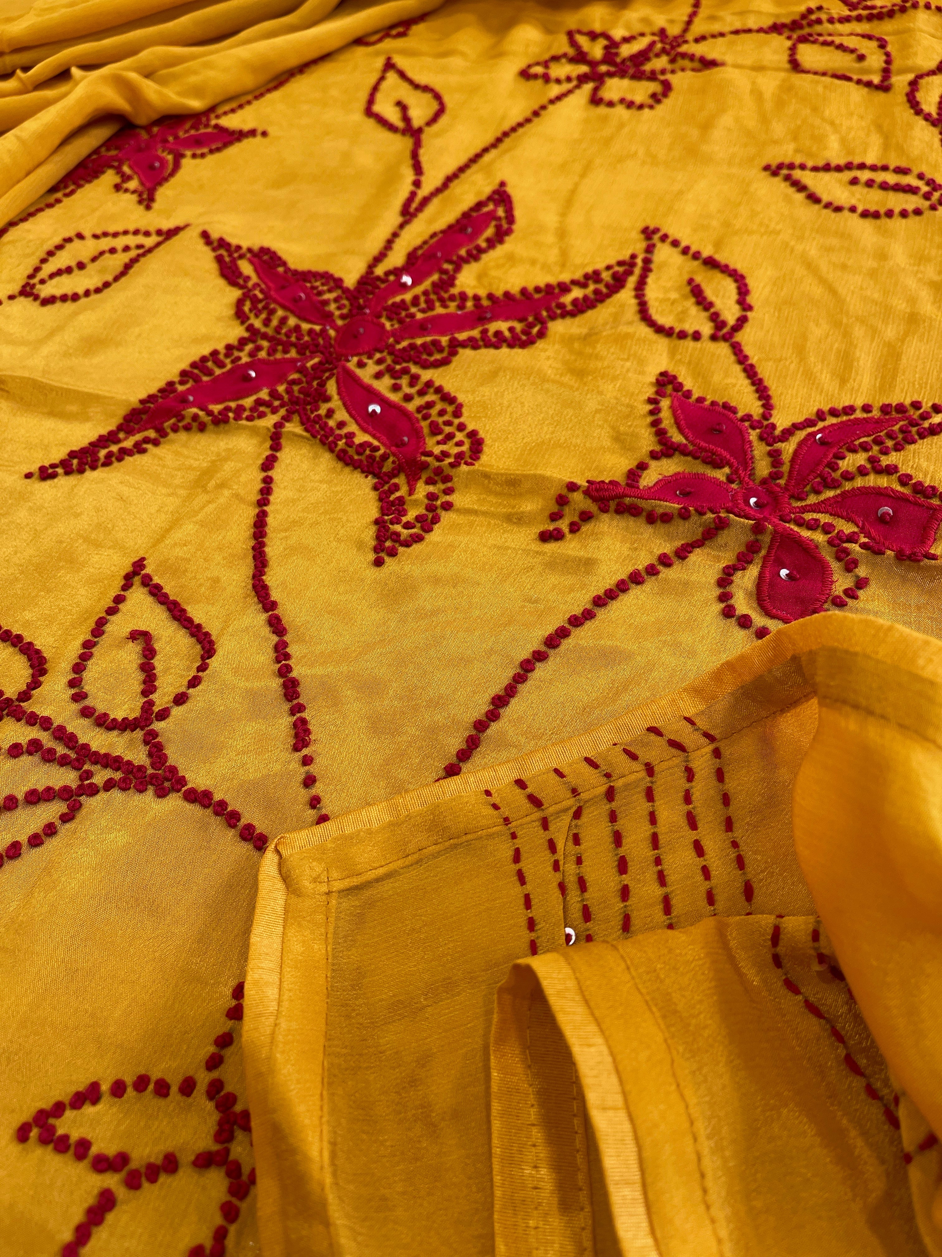 Mustard Yellow Crepe Suit Set With Knot & Sequin Handwork - Masakalee