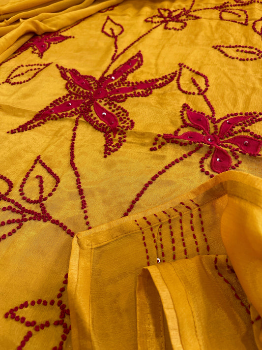 Mustard Yellow Crepe Suit Set With Knot & Sequin Handwork - Masakalee