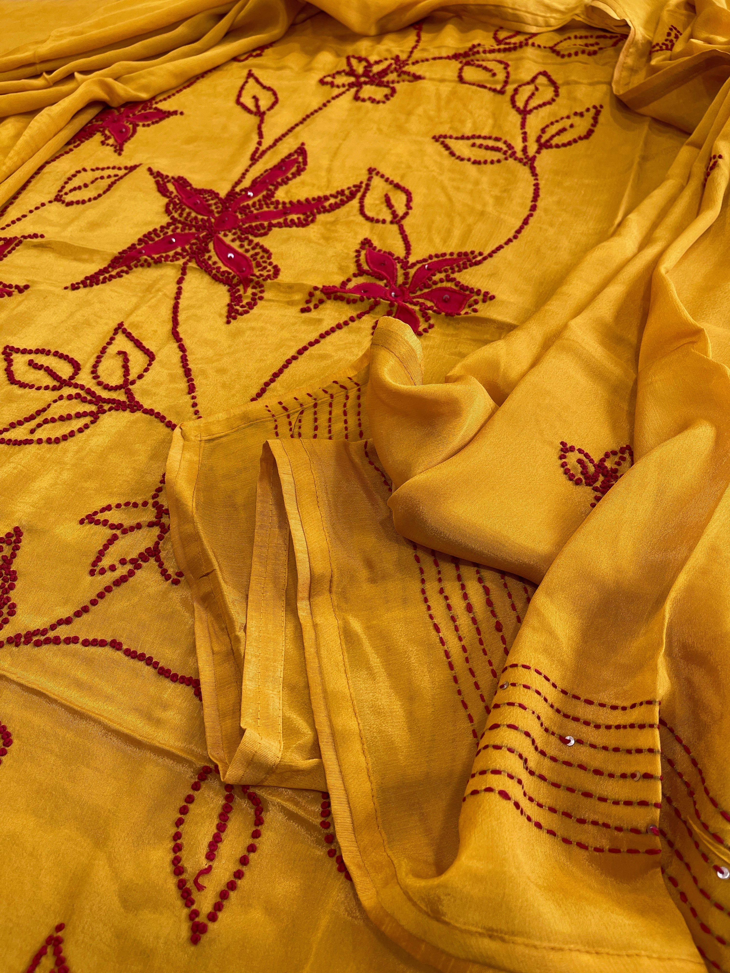 Mustard Yellow Crepe Suit Set With Knot & Sequin Handwork - Masakalee
