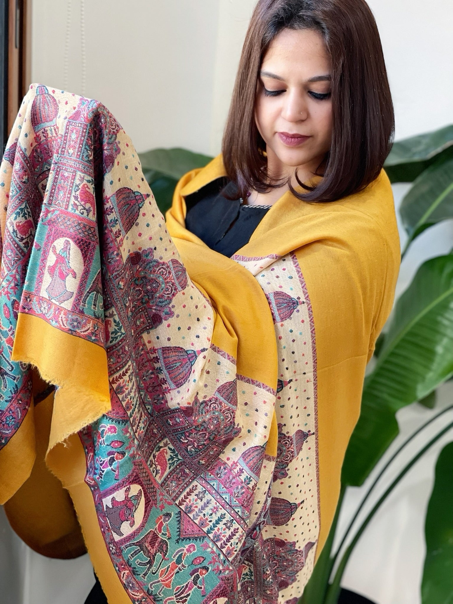 Mustard Yellow Pashmina Shawl with Shehnai Baraat Kaani Pallu - Masakalee