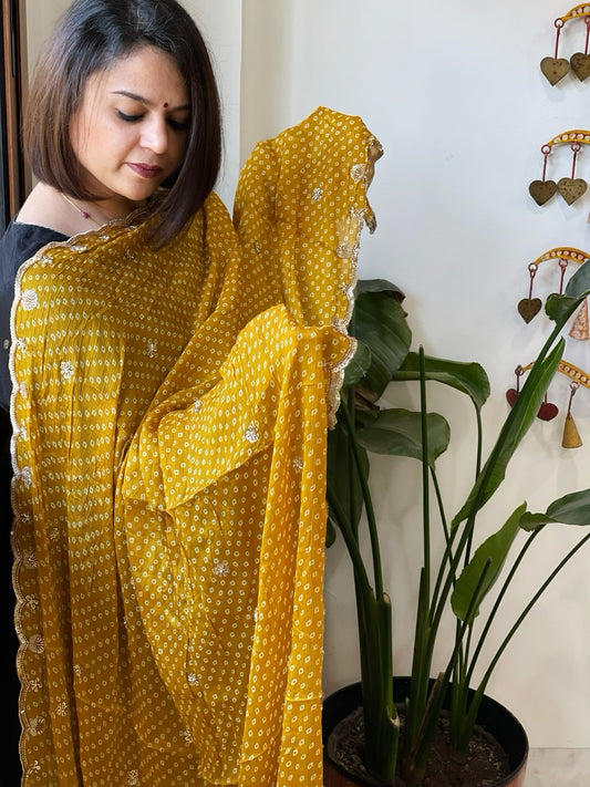 Mustard Yellow Printed Bandhej Chinon Dupatta with Sequin Butas and Border - Masakalee