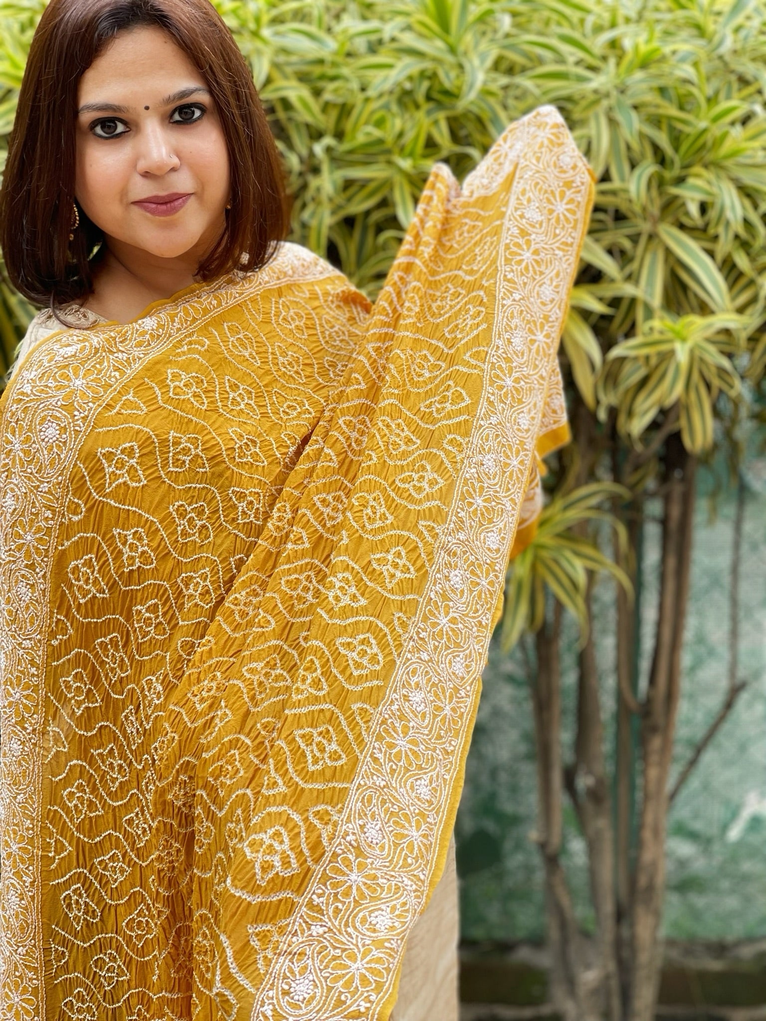 Mustard Yellow Rai Bandhej Dupatta with Lucknowi Handwork in Pure Georgette - Masakalee