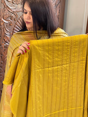 Mustard Yellow Suit Set with Kantha Stitch Work on Glazed Cotton - Masakalee