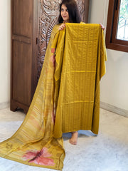 Mustard Yellow Suit Set with Kantha Stitch Work on Glazed Cotton - Masakalee