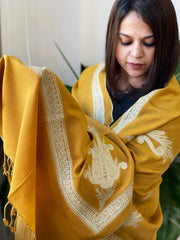 Mustard Yellow Woven Pashmina Stole with Aari Embroidery - Masakalee