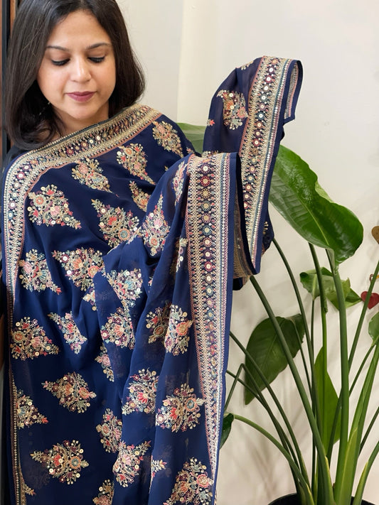 Navy Blue Georgette Dupatta with Thread & Sequin Embroidered Buttas and Border - Masakalee
