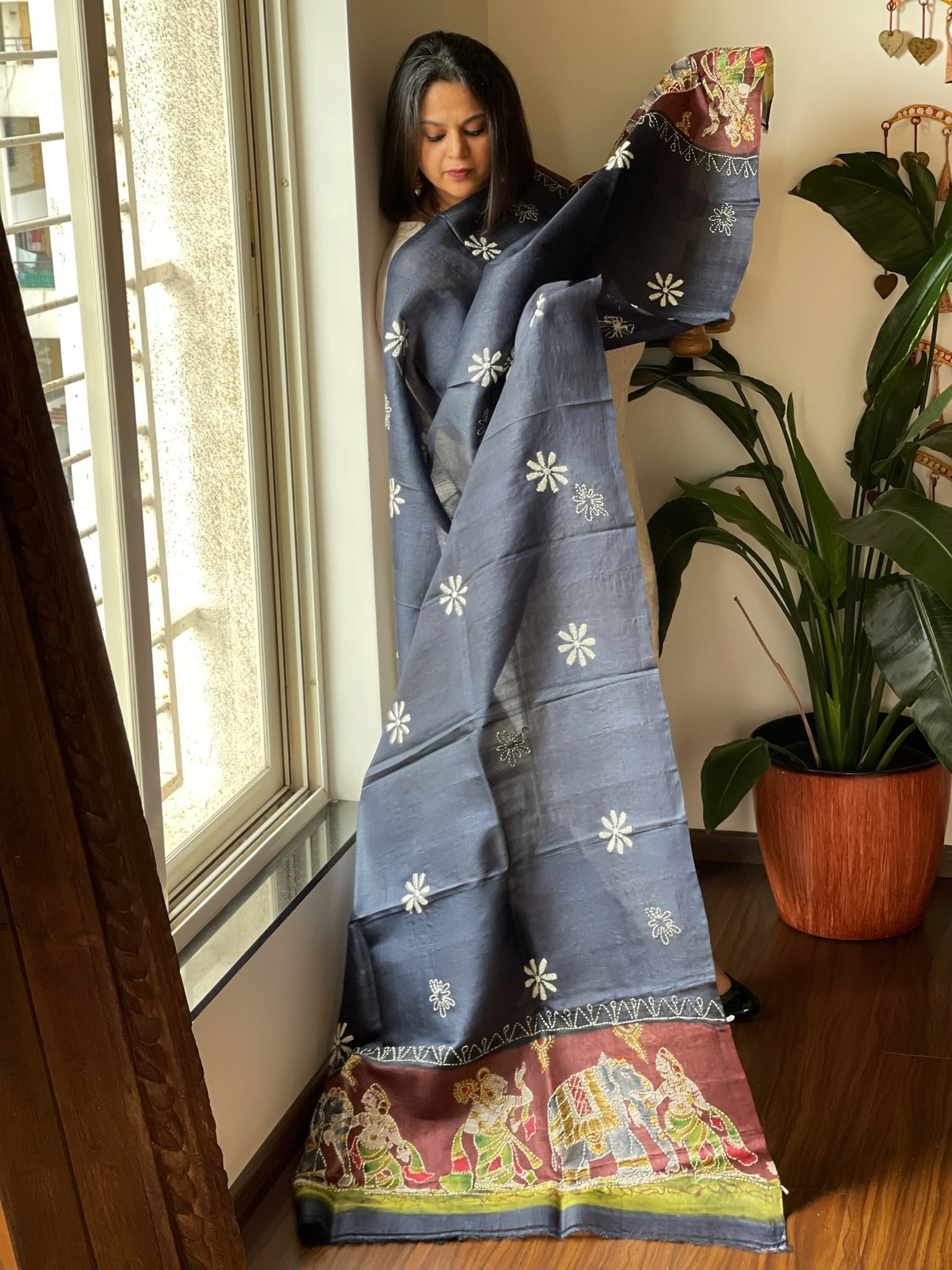 Navy Blue Handpainted Dupatta with Kantha Hand Embroidery in Pure Silk - Masakalee