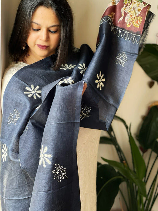 Navy Blue Handpainted Dupatta with Kantha Hand Embroidery in Pure Silk - Masakalee