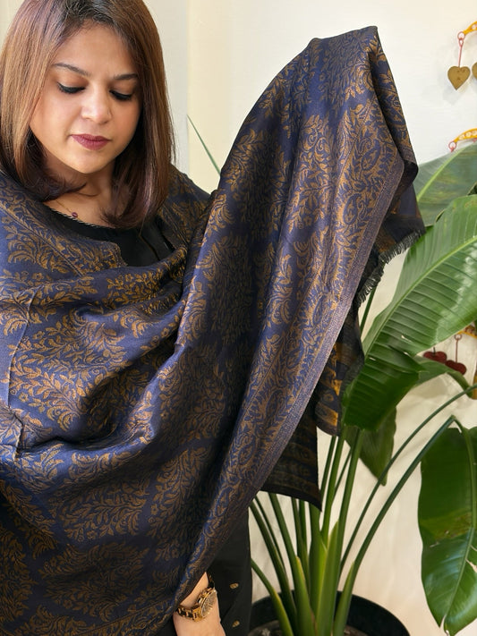 Navy Blue Pashmina Stole with Zari - Masakalee