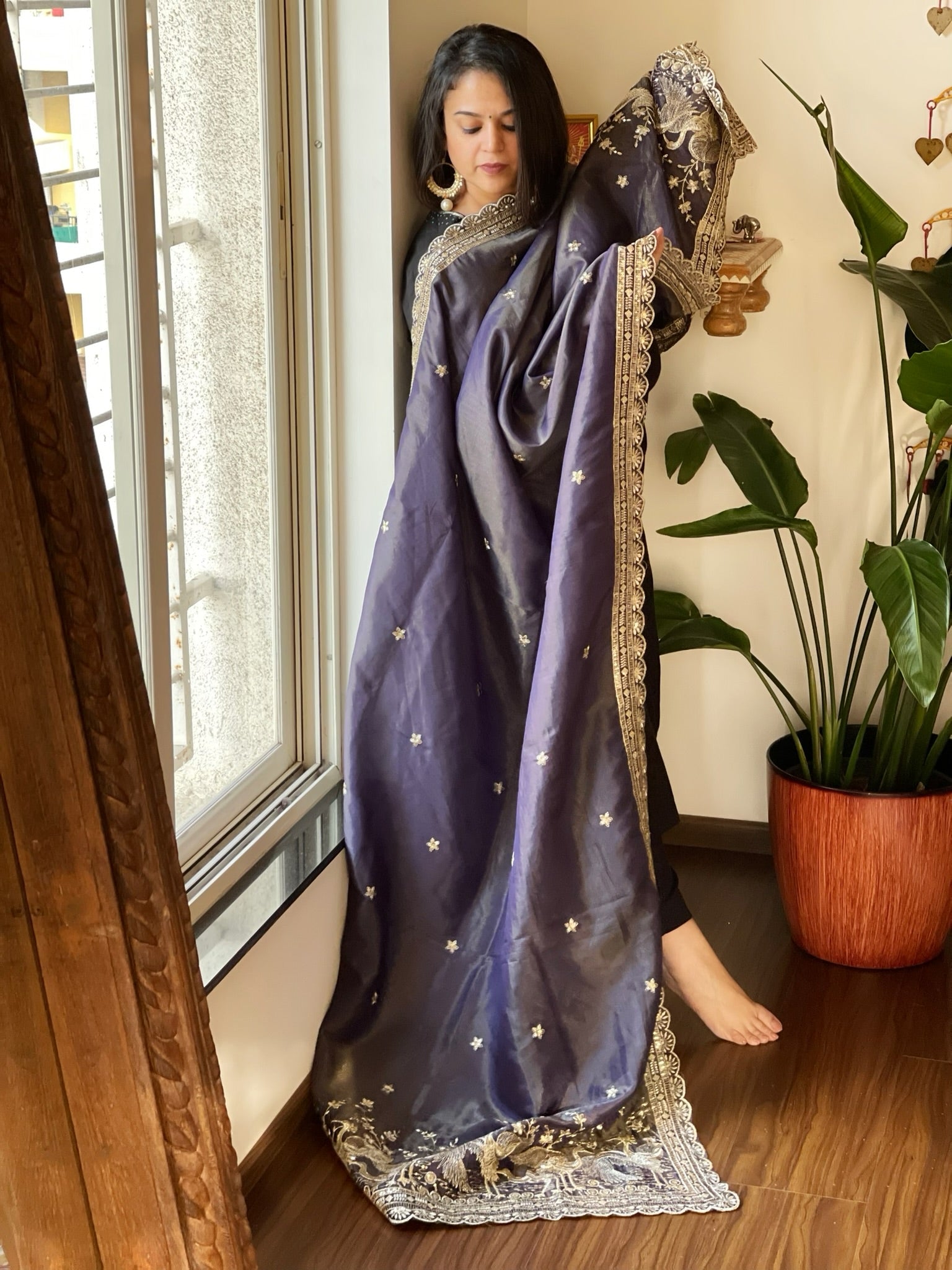 Navy Blue Tissue Chanderi dupatta with Heavy Embroidered Pallu - Masakalee