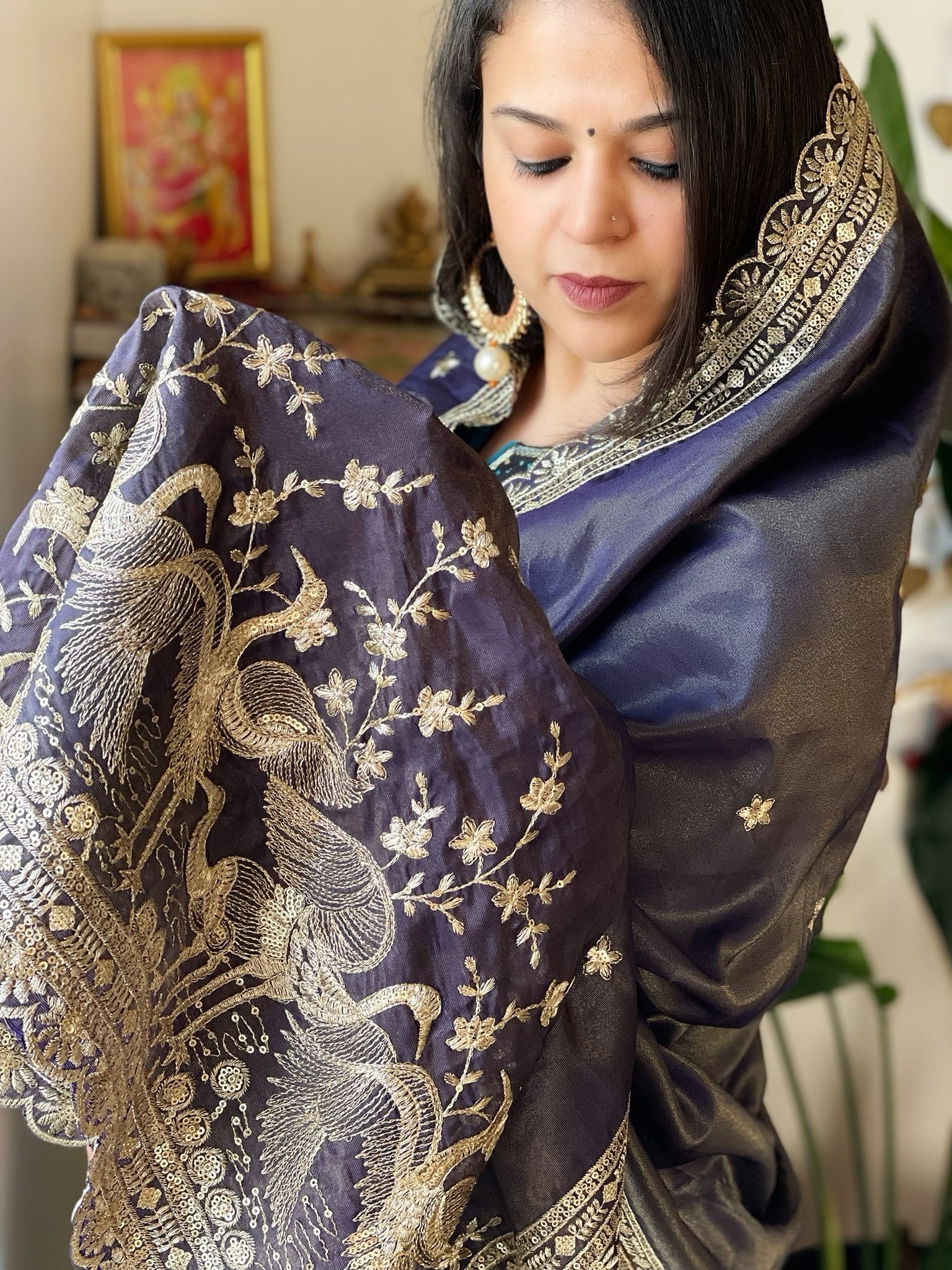 Navy Blue Tissue Chanderi dupatta with Heavy Embroidered Pallu - Masakalee