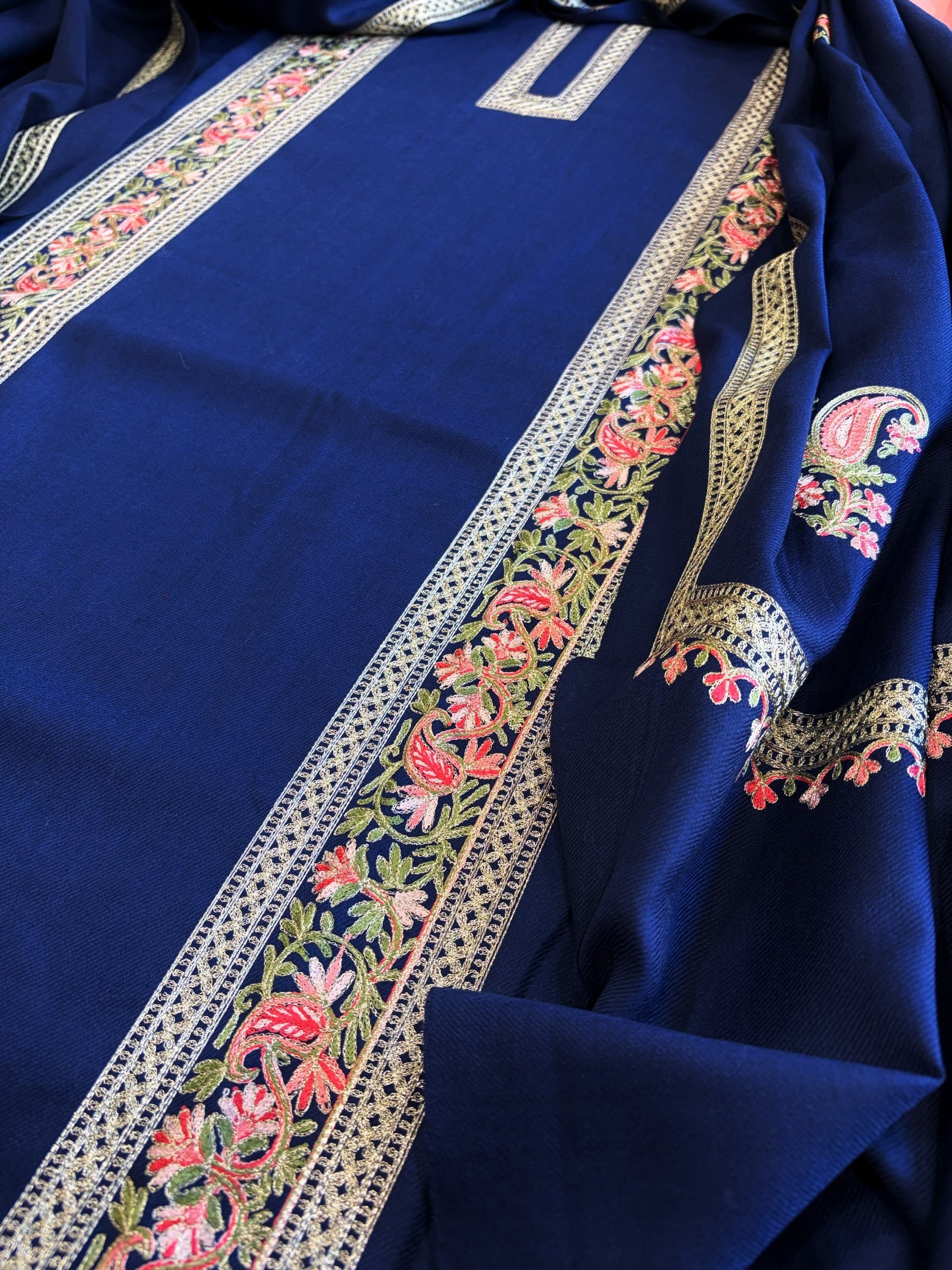 Navy Blue Winter Suit Set with Aari Work in Pashmina Wool - Masakalee