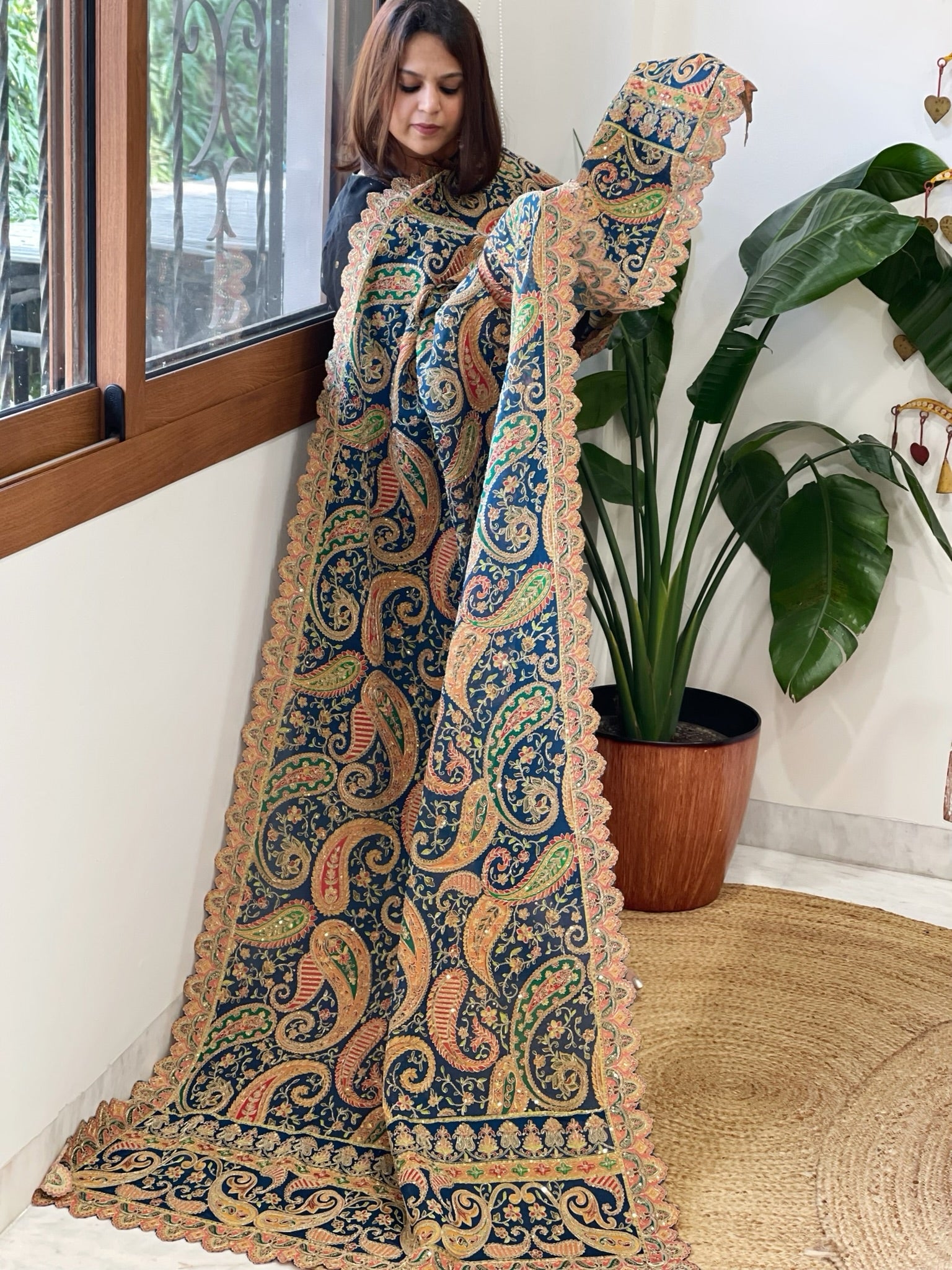 Navy Chinon Dupatta with Aari Embroidery - Masakalee