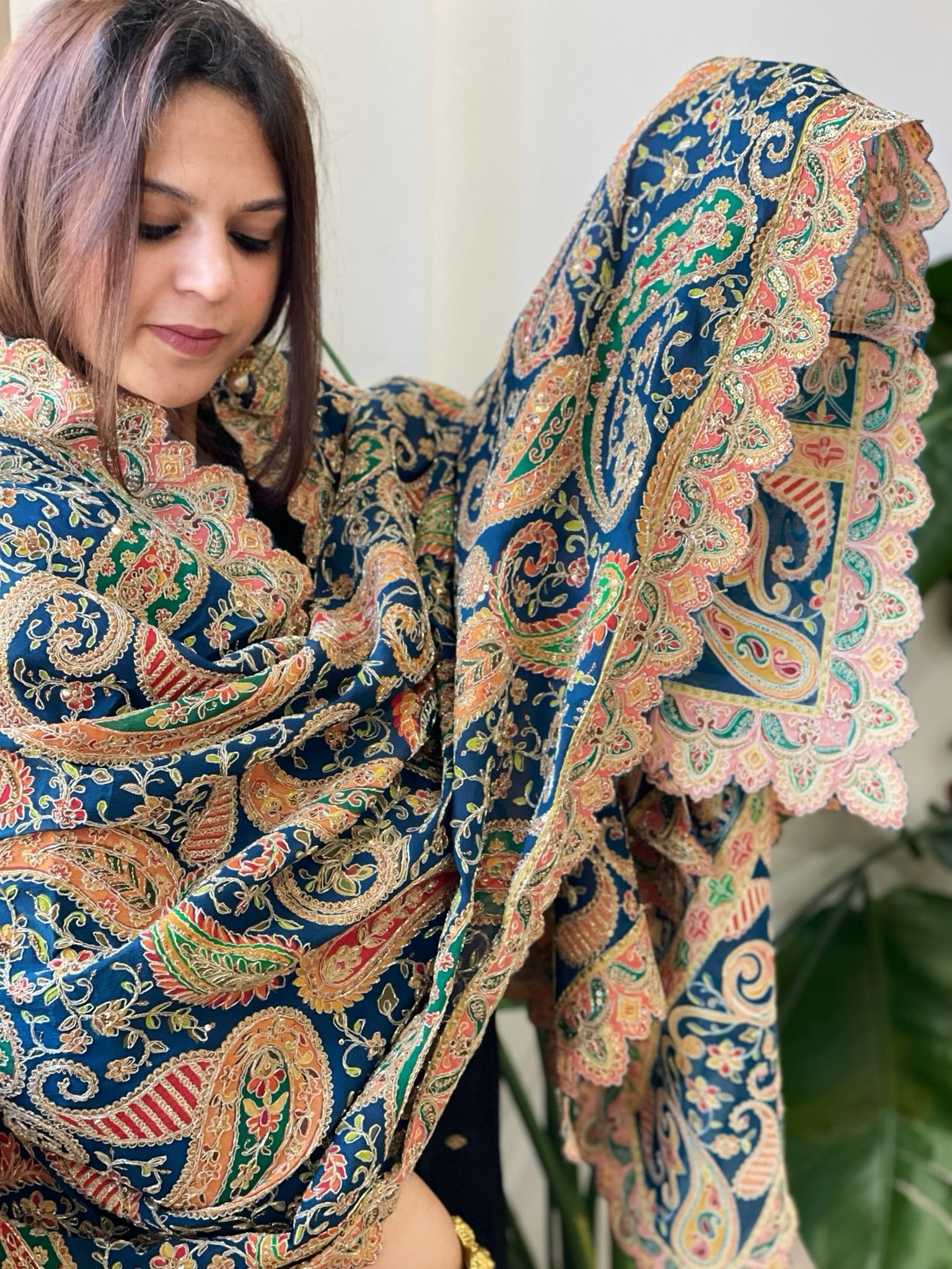 Navy Chinon Dupatta with Aari Embroidery - Masakalee