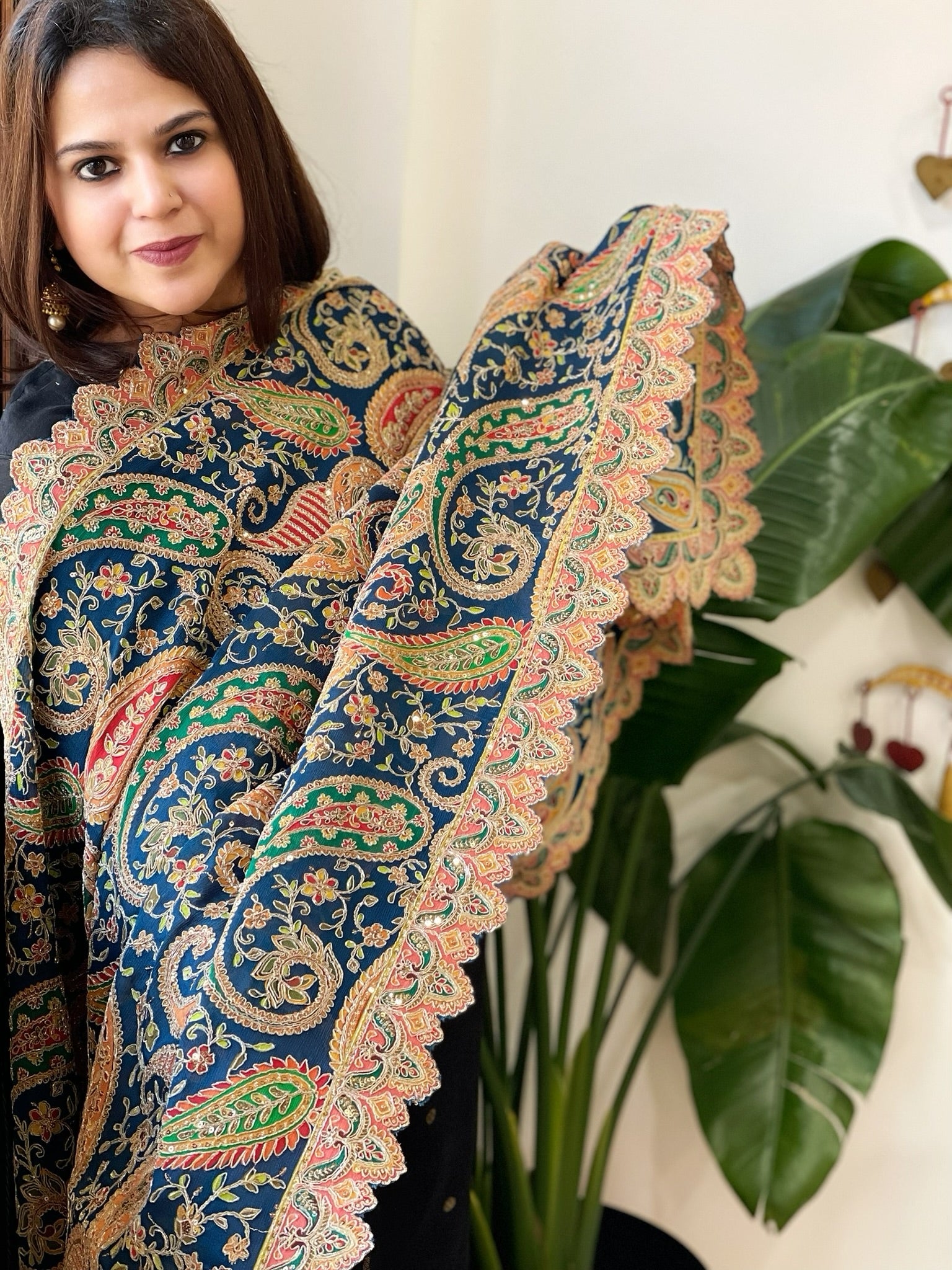 Navy Chinon Dupatta with Aari Embroidery - Masakalee