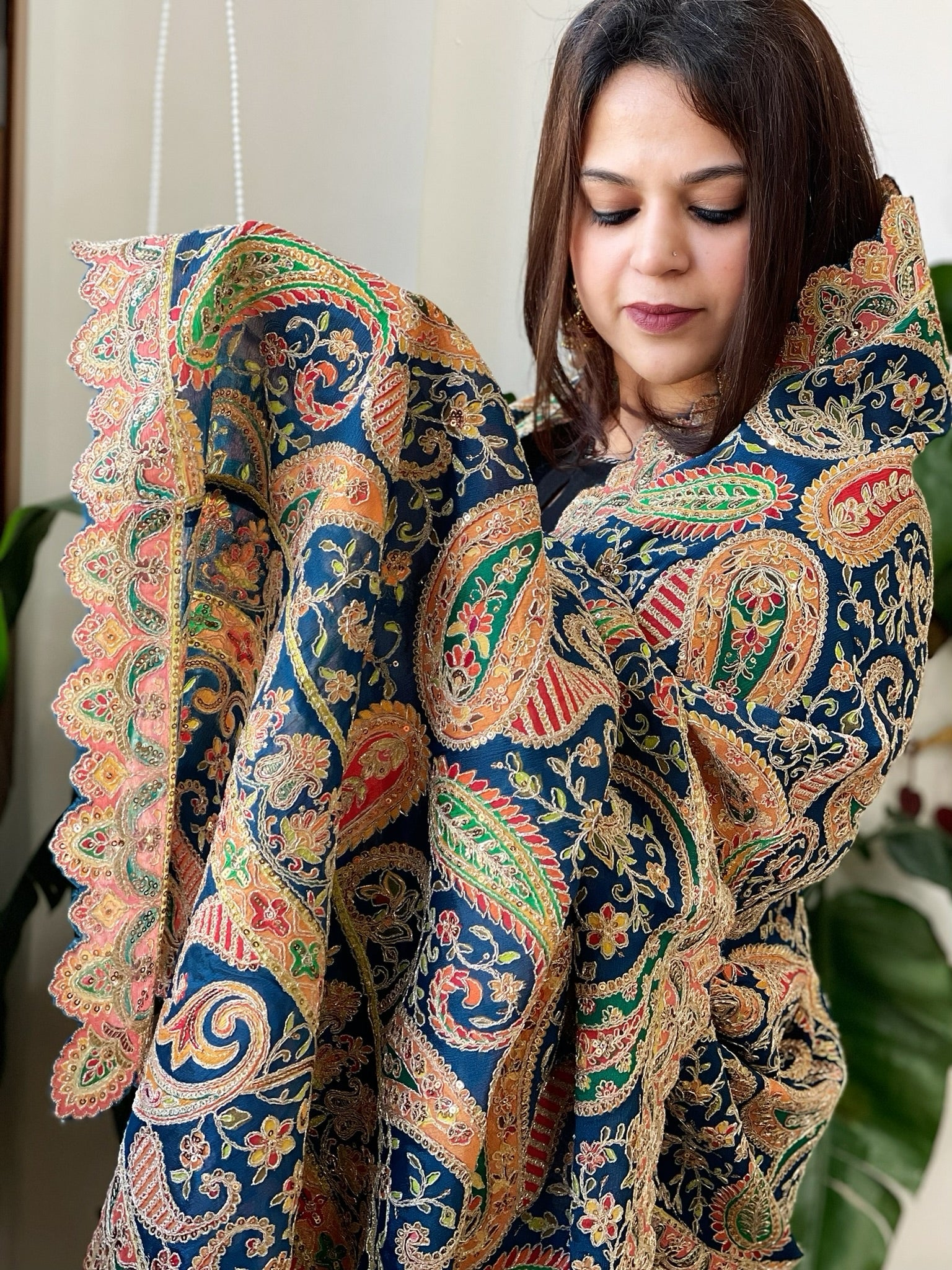 Navy Chinon Dupatta with Aari Embroidery - Masakalee