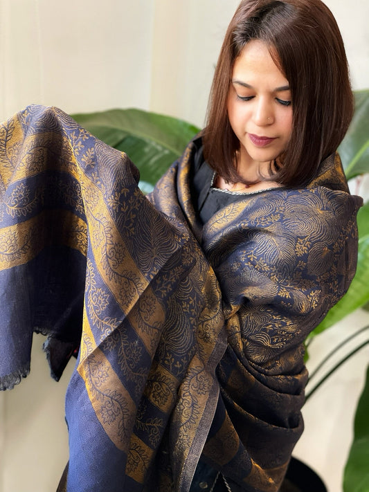 Navy Pashmina Shawl with Zari - Masakalee