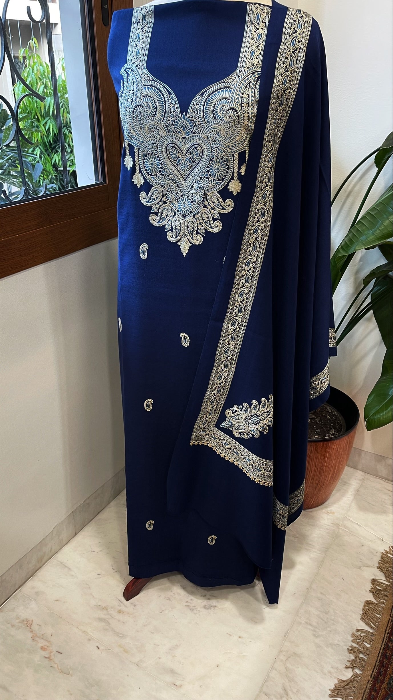 Navy Winter Suit Set with Aari Work in Pashmina Wool - Masakalee