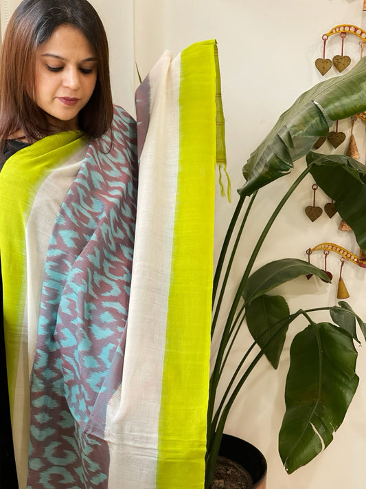 Neon Green, Sea Blue Handwoven Ikat Dupatta in Cotton - Masakalee