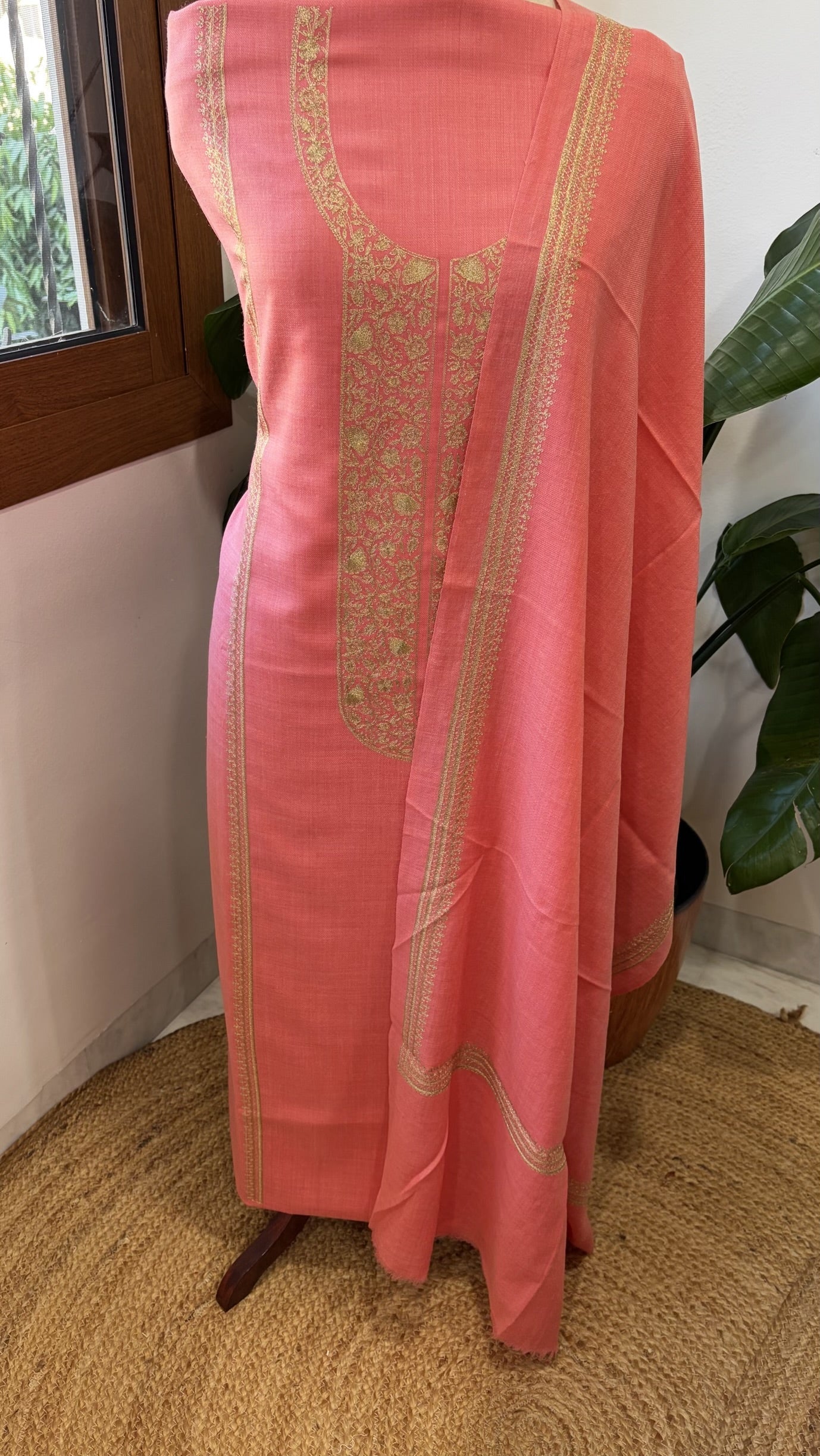 Neon Pink Winter Suit Set with Aari Work in Pashmina Wool - Masakalee