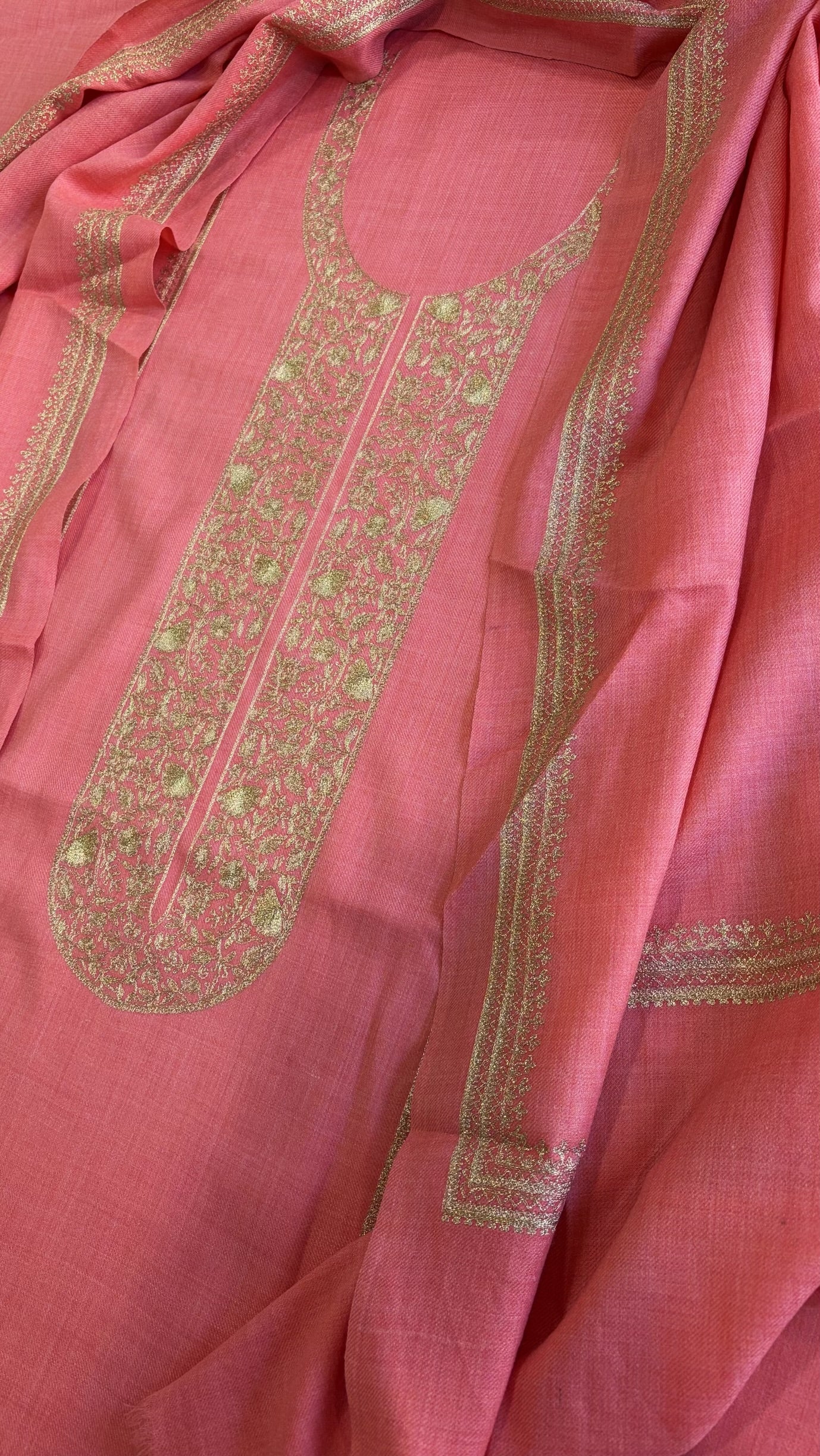 Neon Pink Winter Suit Set with Aari Work in Pashmina Wool - Masakalee