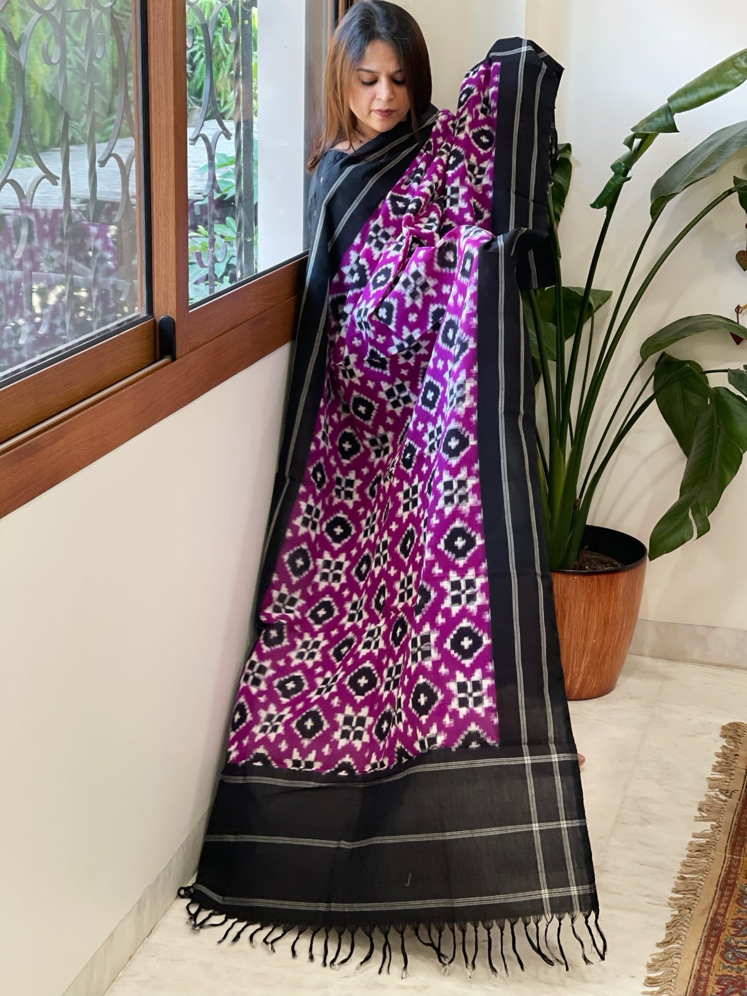 Neon Purple, Black Double Ikat Telia Rumal Dupatta in Cotton - Masakalee