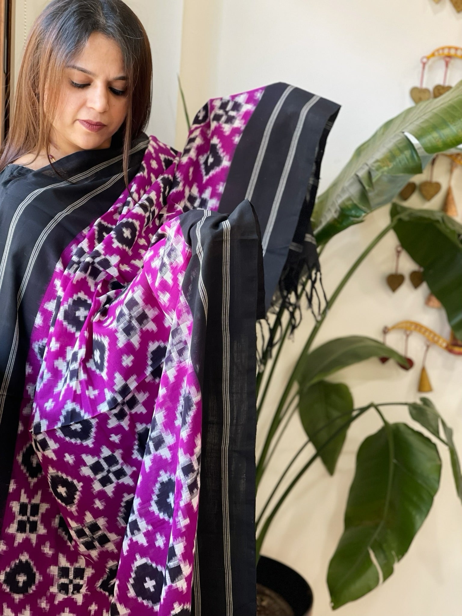 Neon Purple, Black Double Ikat Telia Rumal Dupatta in Cotton - Masakalee