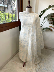 Off white, Blue Applique Jaal Dupatta Suit Set in Chanderi - Masakalee