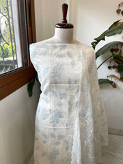 Off white, Blue Applique Jaal Dupatta Suit Set in Chanderi - Masakalee