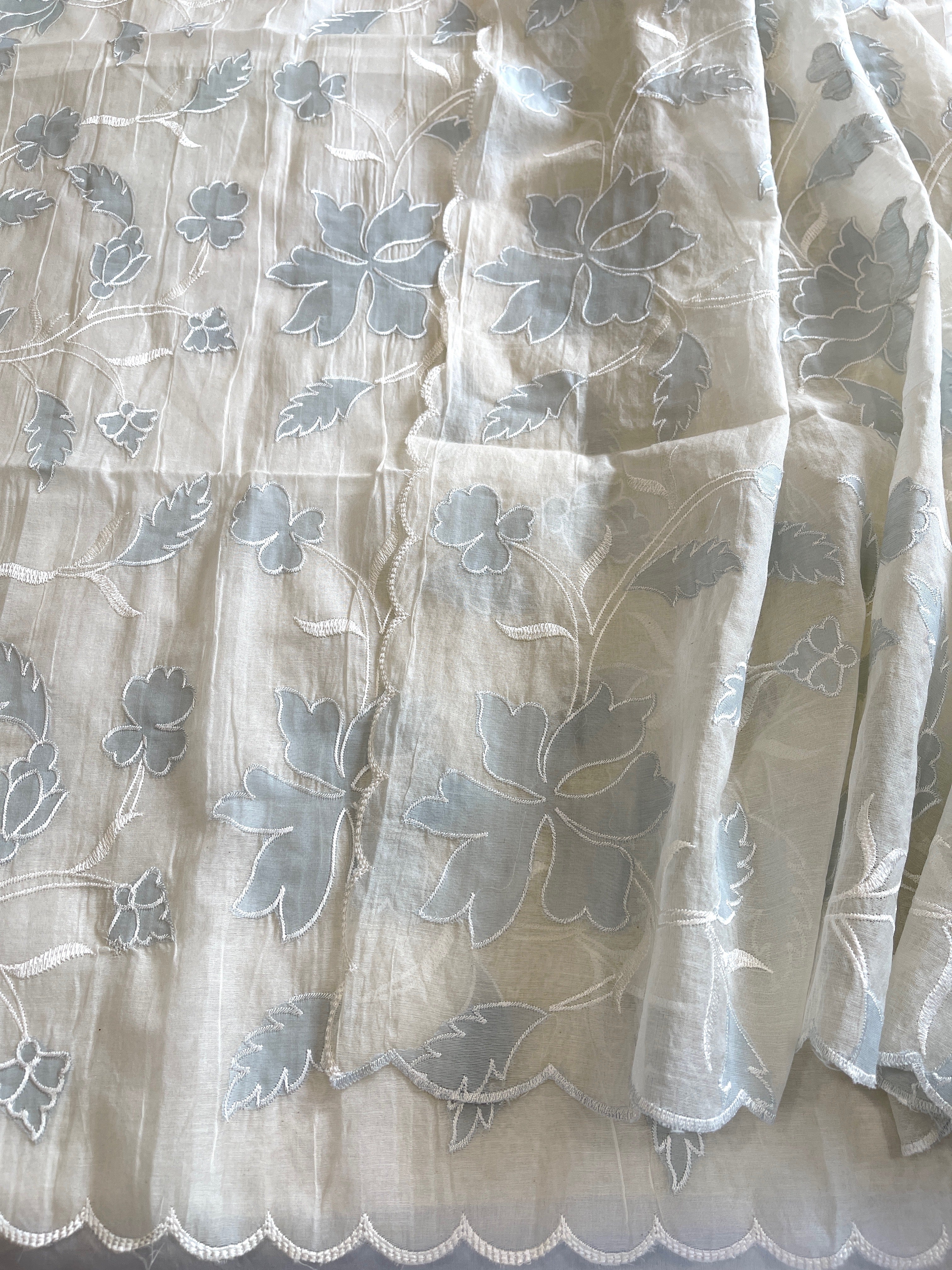 Off white, Blue Applique Jaal Dupatta Suit Set in Chanderi - Masakalee