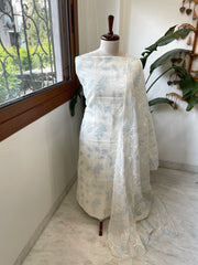 Off white, Blue Applique Jaal Dupatta Suit Set in Chanderi - Masakalee