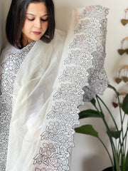 Off - White Chanderi Cotton Dupatta with Cut Work - Masakalee