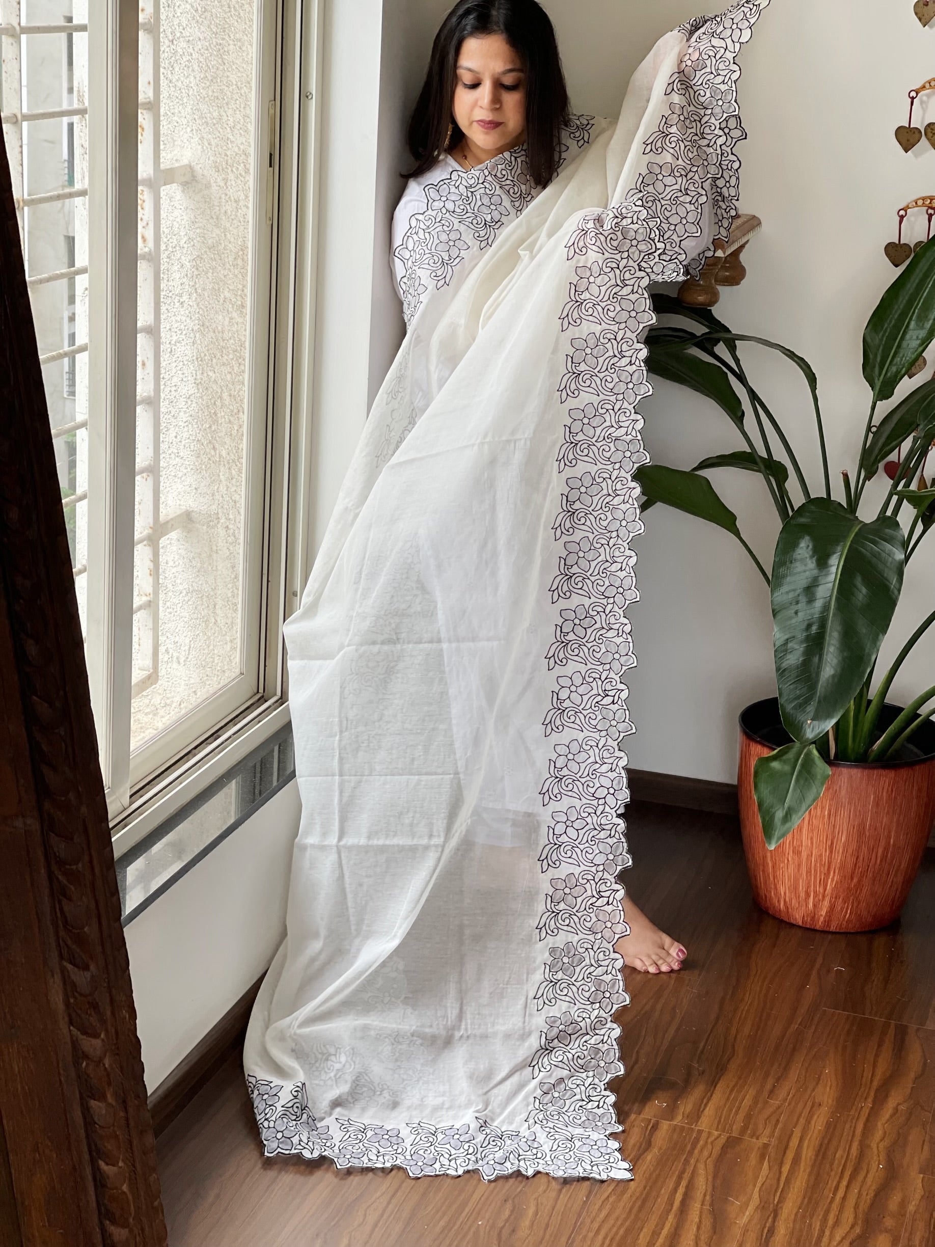 Off - White Chanderi Cotton Dupatta with Cut Work - Masakalee