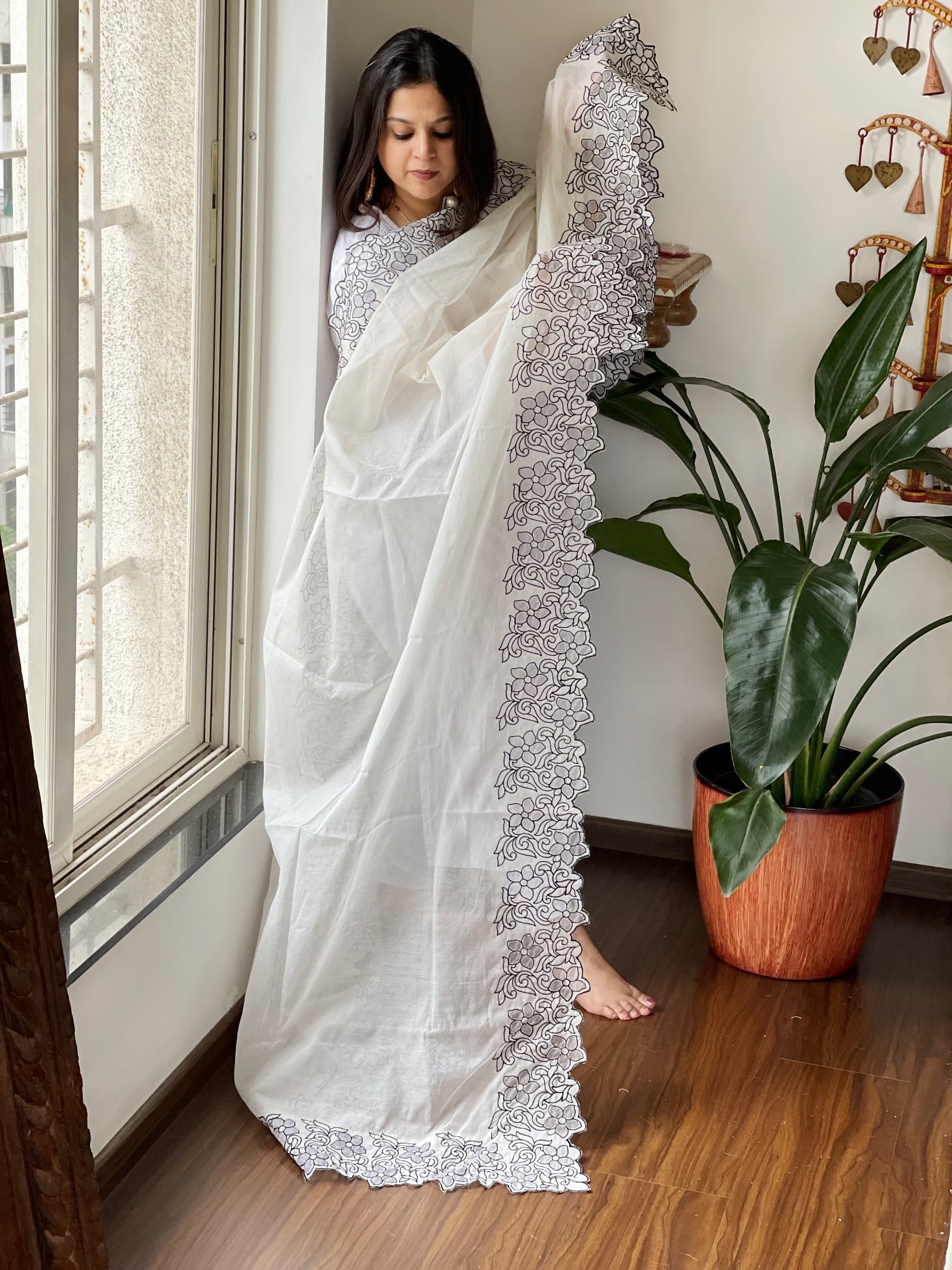 Off - White Chanderi Cotton Dupatta with Cut Work - Masakalee