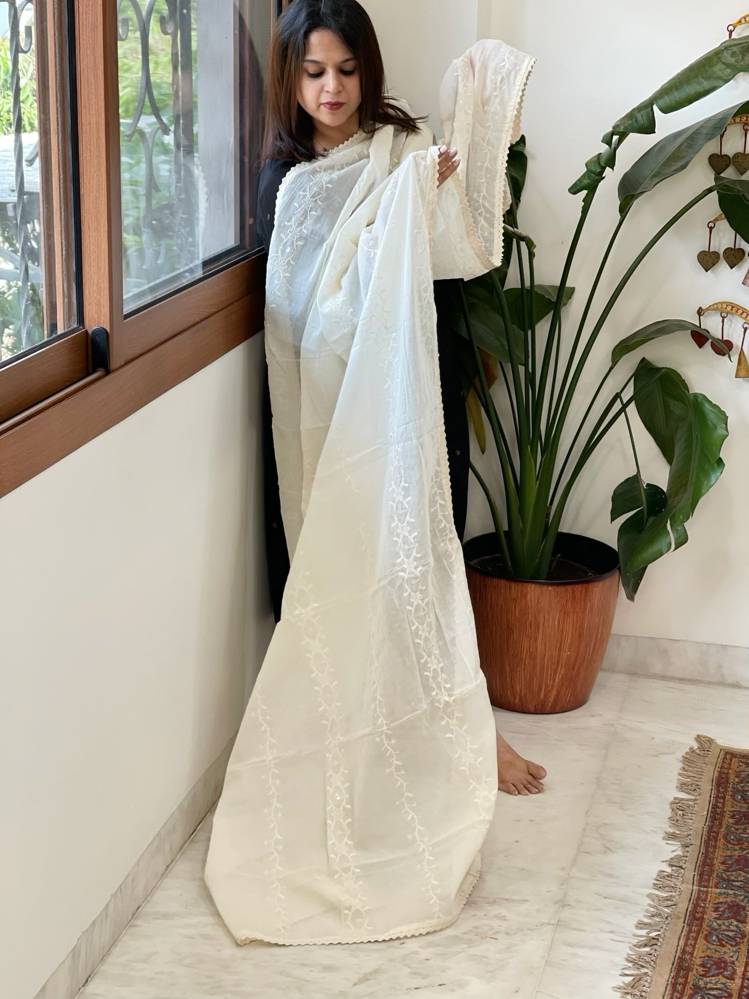 Off - White Cotton Dupatta with Embroidery - Masakalee
