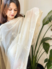 Off - White Cotton Dupatta with Embroidery - Masakalee