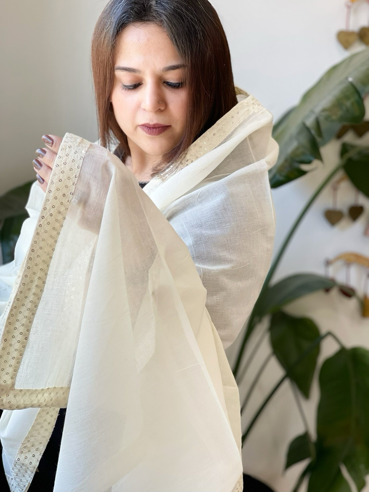 Off - White Cotton Dupatta with Embroidery - Masakalee