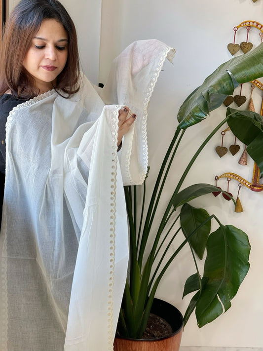 Off - White Cotton Dupatta with Embroidery - Masakalee