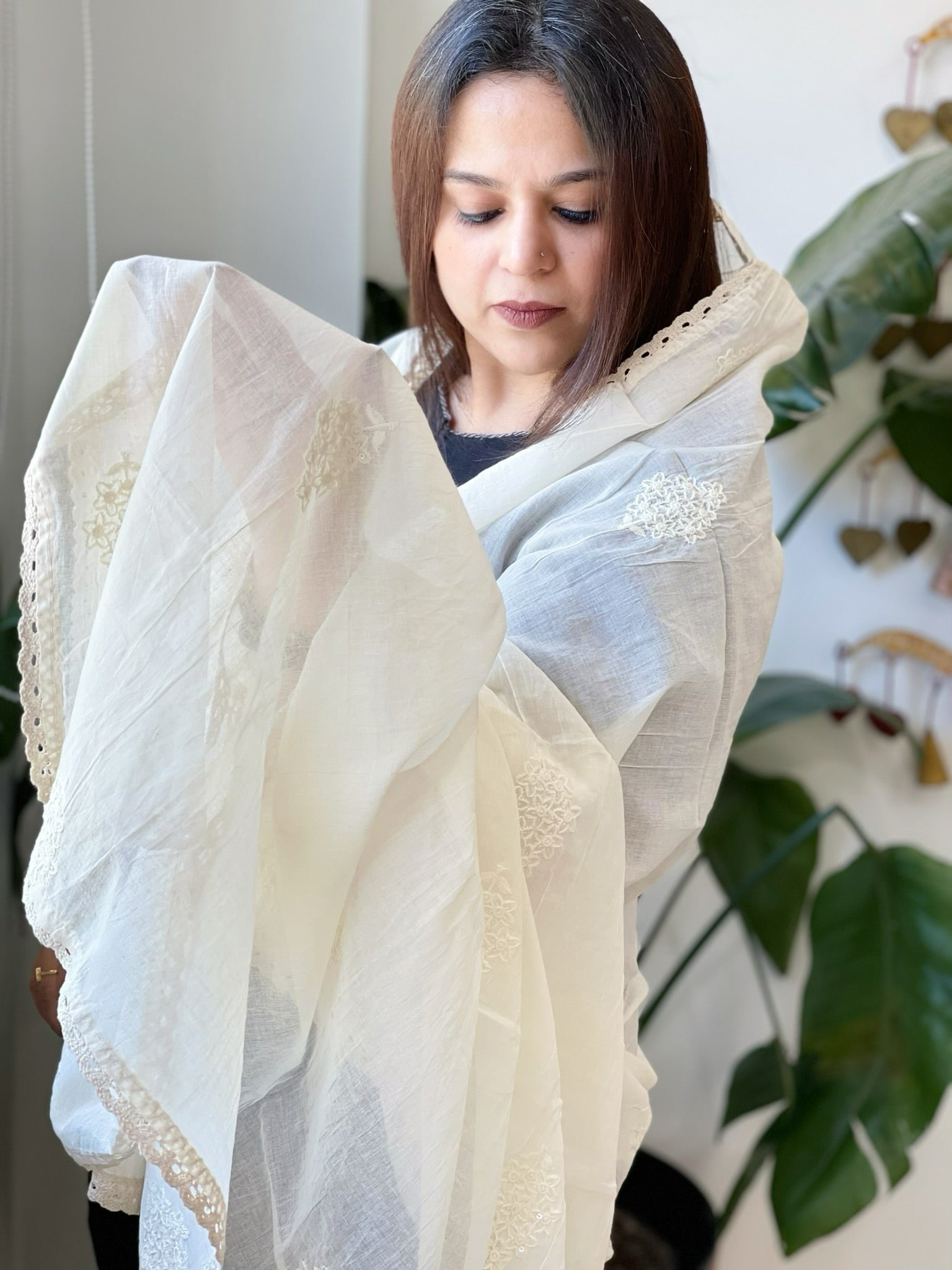 Off - White Cotton Dupatta with Embroidery - Masakalee
