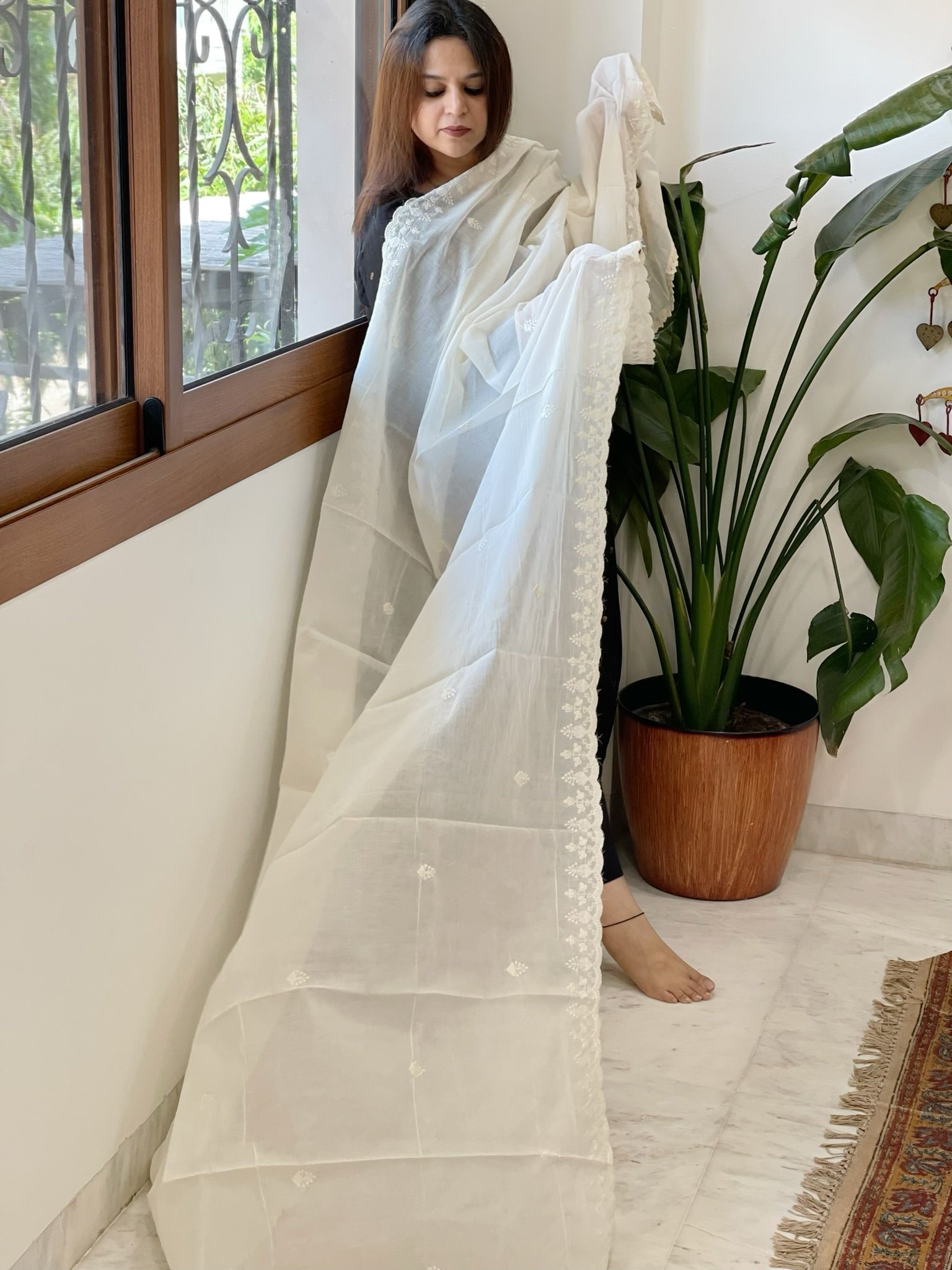 Off - White Cotton Dupatta with Embroidery - Masakalee