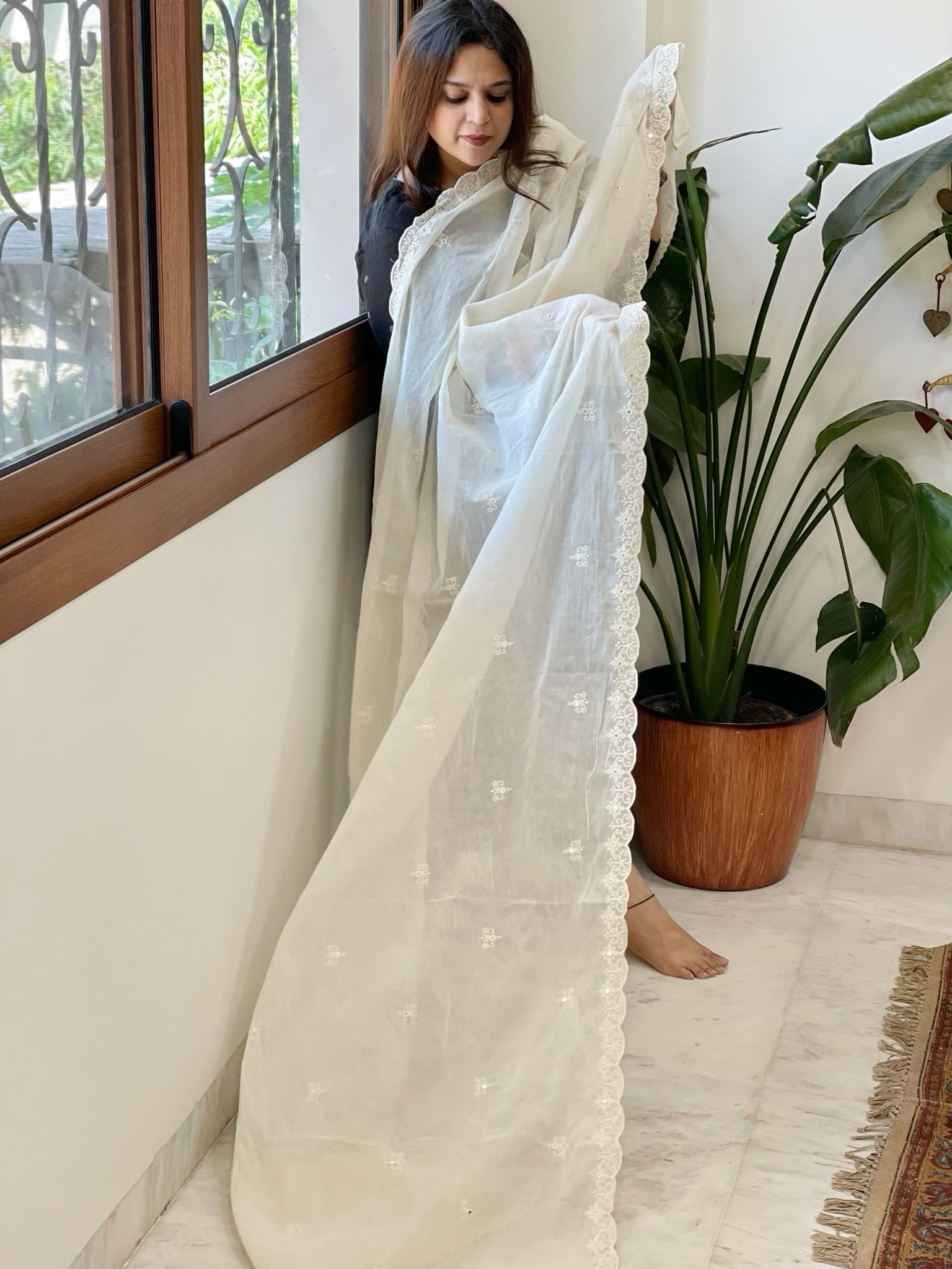 Off - White Cotton Dupatta with Embroidery - Masakalee