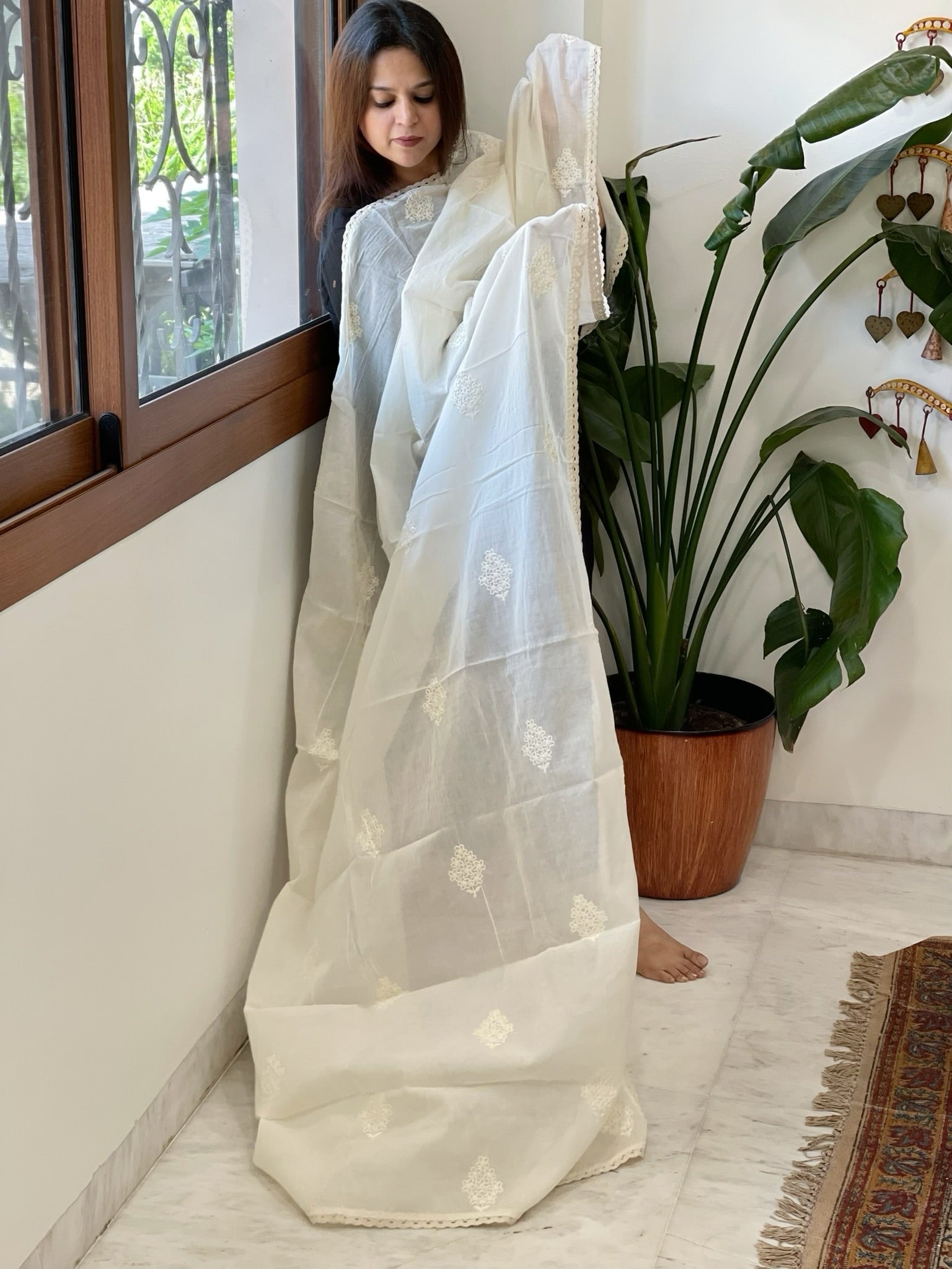 Off - White Cotton Dupatta with Embroidery - Masakalee
