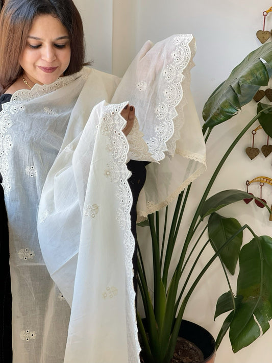 Off - White Cotton Dupatta with Embroidery - Masakalee