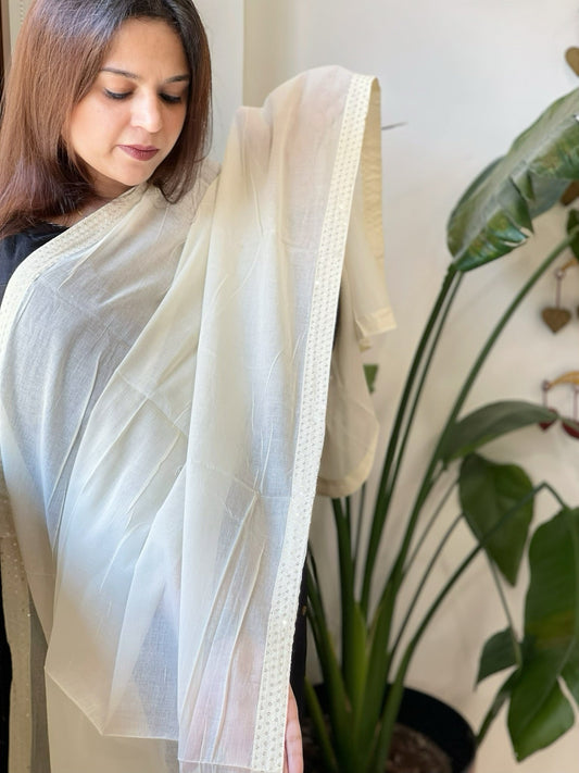 Off - White Cotton Dupatta with Embroidery - Masakalee