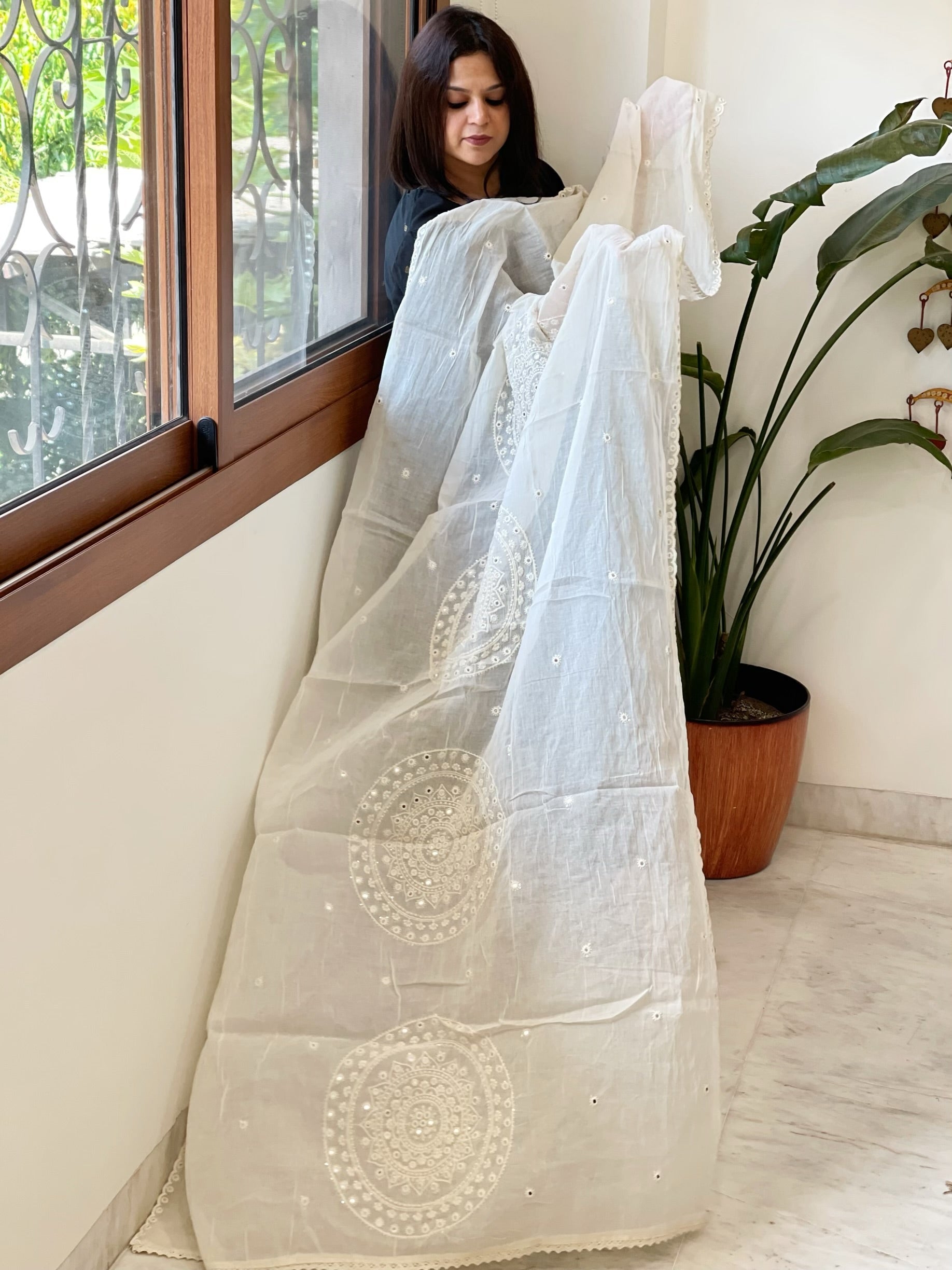 Off-White Cotton Dupatta with Embroidery - Masakalee
