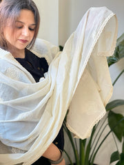 Off - White Cotton Dupatta with Embroidery - Masakalee