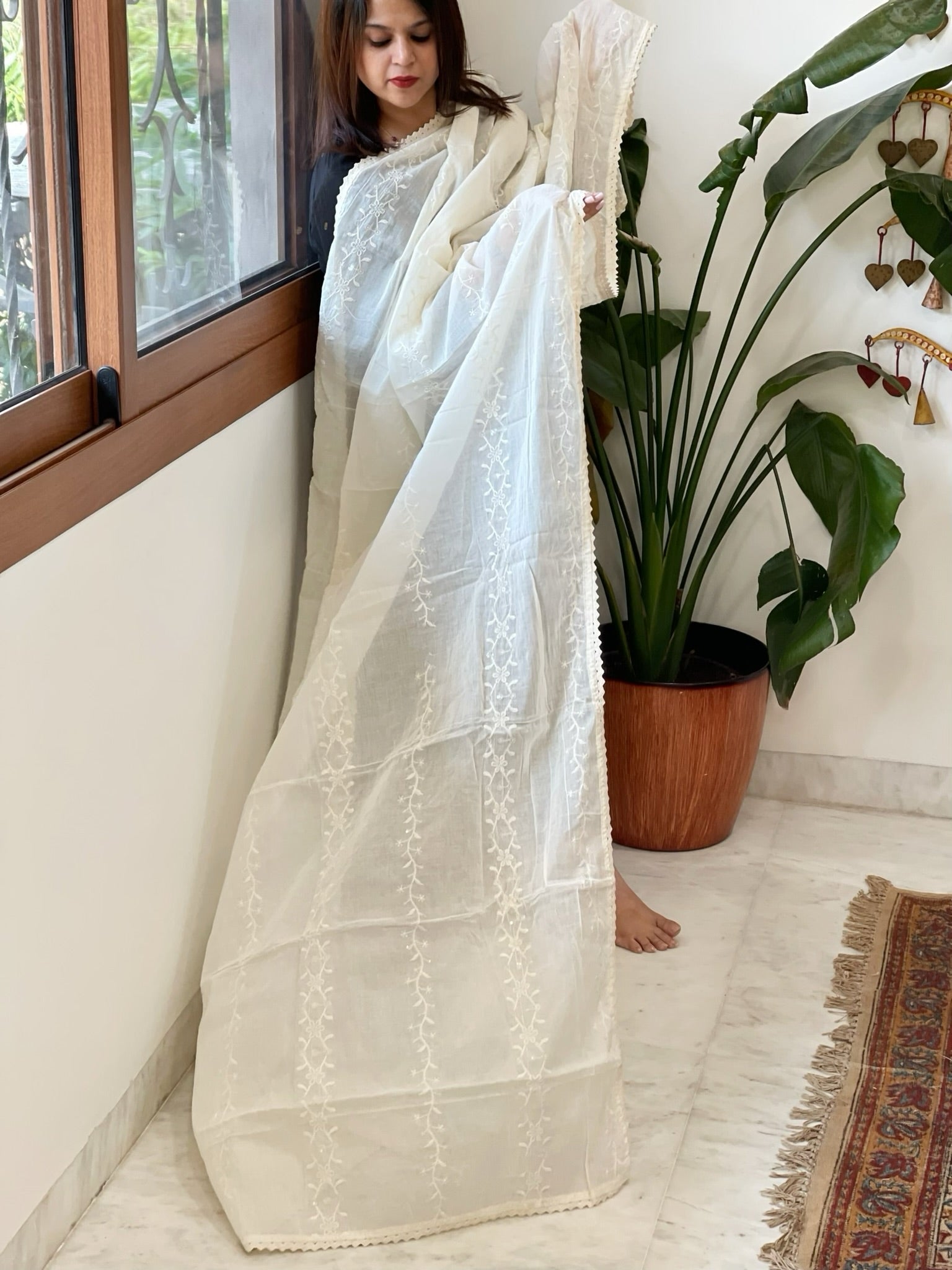 Off - White Cotton Dupatta with Embroidery - Masakalee