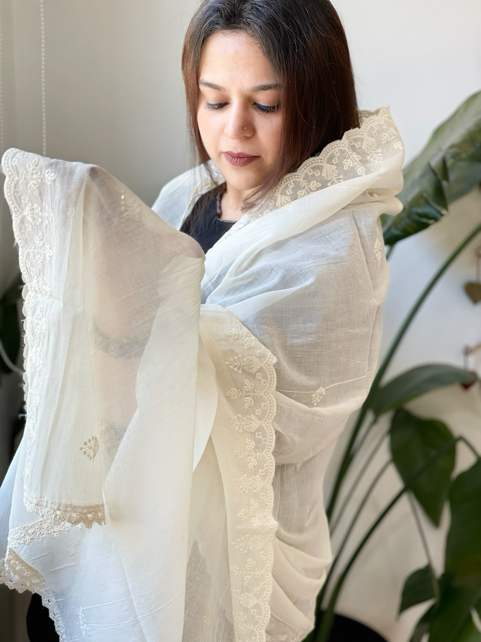 Off - White Cotton Dupatta with Embroidery - Masakalee
