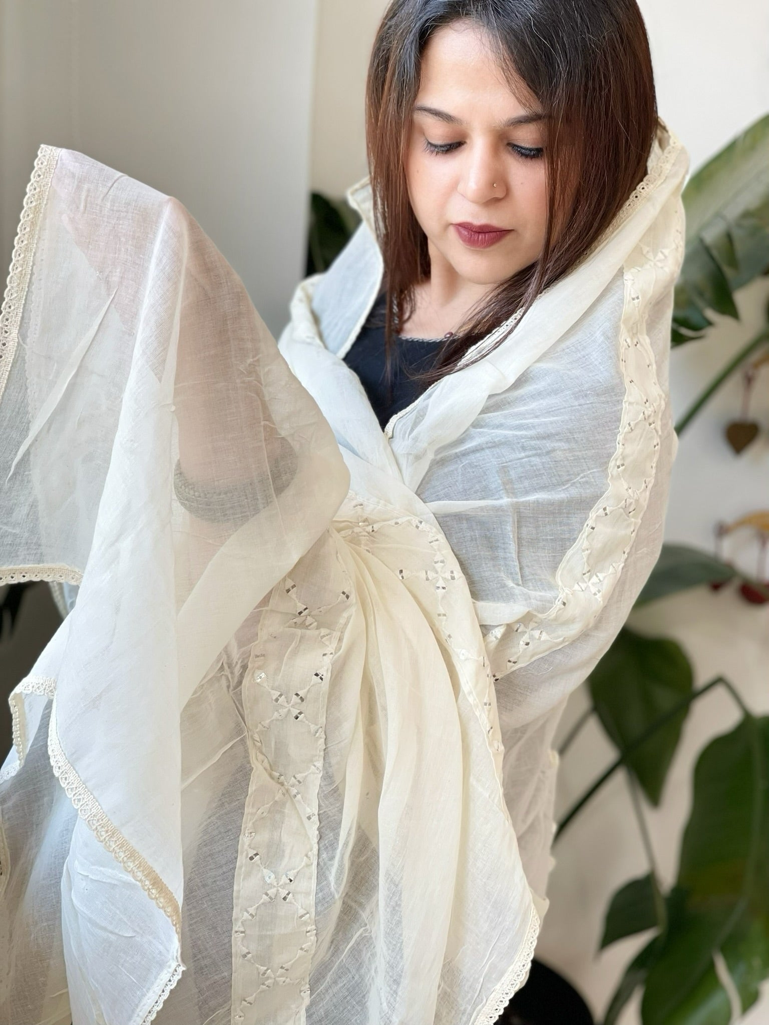 Off - White Cotton Dupatta with Embroidery - Masakalee