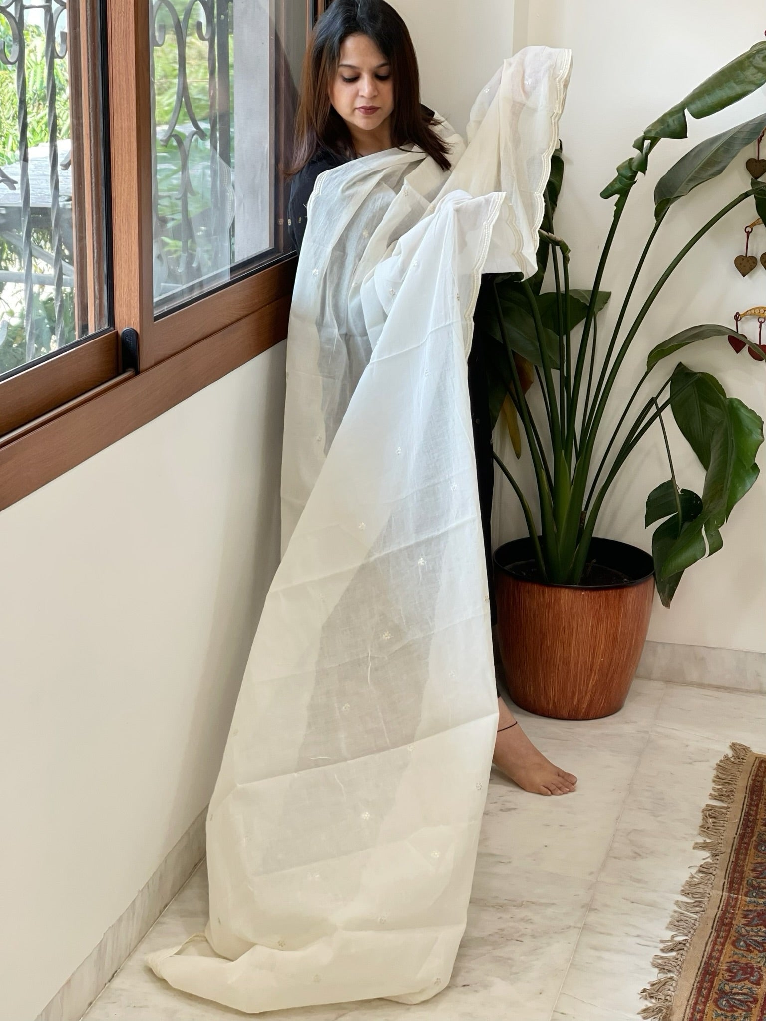 Off - White Cotton Dupatta with Embroidery - Masakalee